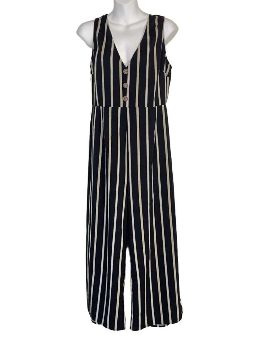 Vine and Love Striped Sleeveless V-Neck Button-Front Wide Leg Jumpsuit
